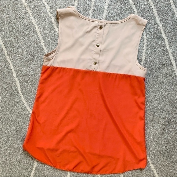 Mine Color block Tan and Orange Sleeveless Blouse with Button Back - Picture 2 of 5